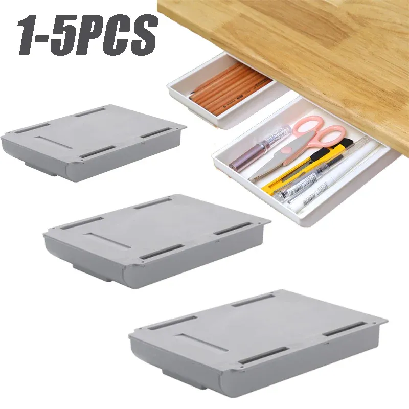 Organiseur de tiroir adhésif sous le bureau, boîte de rangement cachée pour table, plateau coulissant, rangement simple pour petits objets divers, organiseur de papeterie et de cosmétiques - Image 1