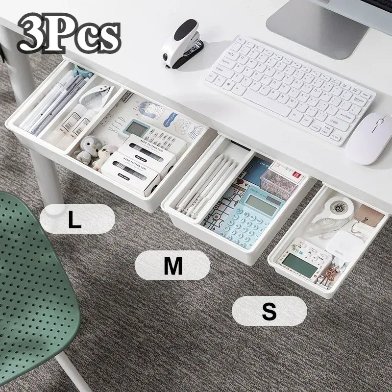 Organiseur de tiroir adhésif sous le bureau, boîte de rangement cachée pour table, plateau coulissant, rangement simple pour petits objets divers, organiseur de papeterie et de cosmétiques 2