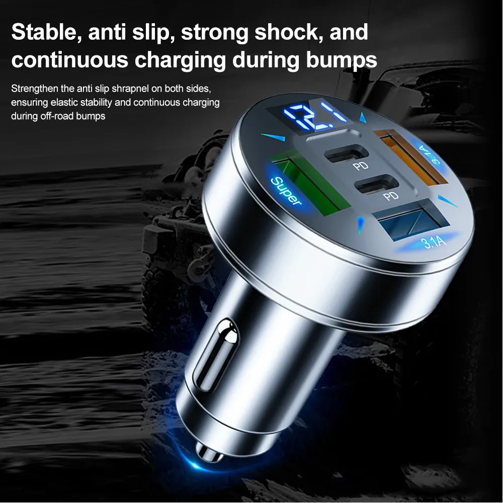 Chargeur de voiture USB-C à charge rapide 250 W, 5 ports, compatible PD et QC 3.0, avec affichage de tension 4