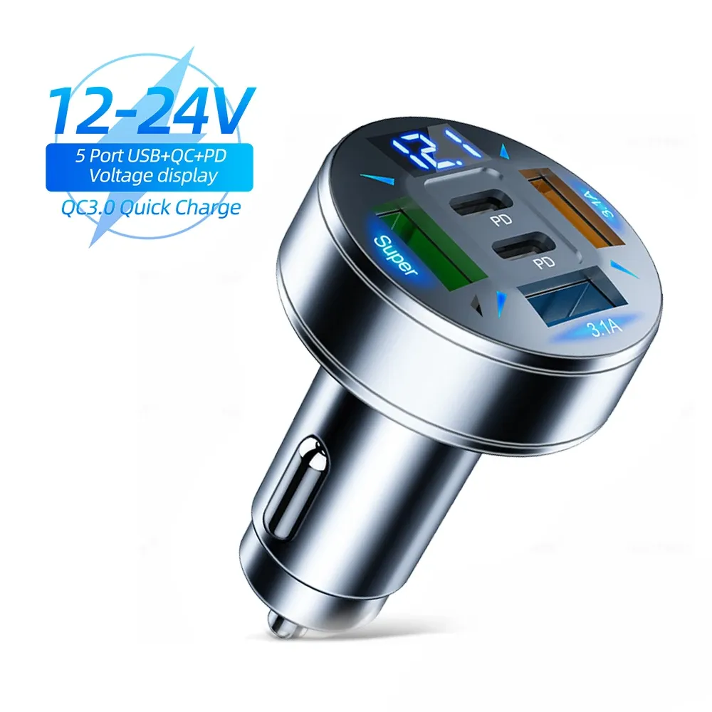 Chargeur de voiture USB-C à charge rapide 250 W, 5 ports, compatible PD et QC 3.0, avec affichage de tension 12