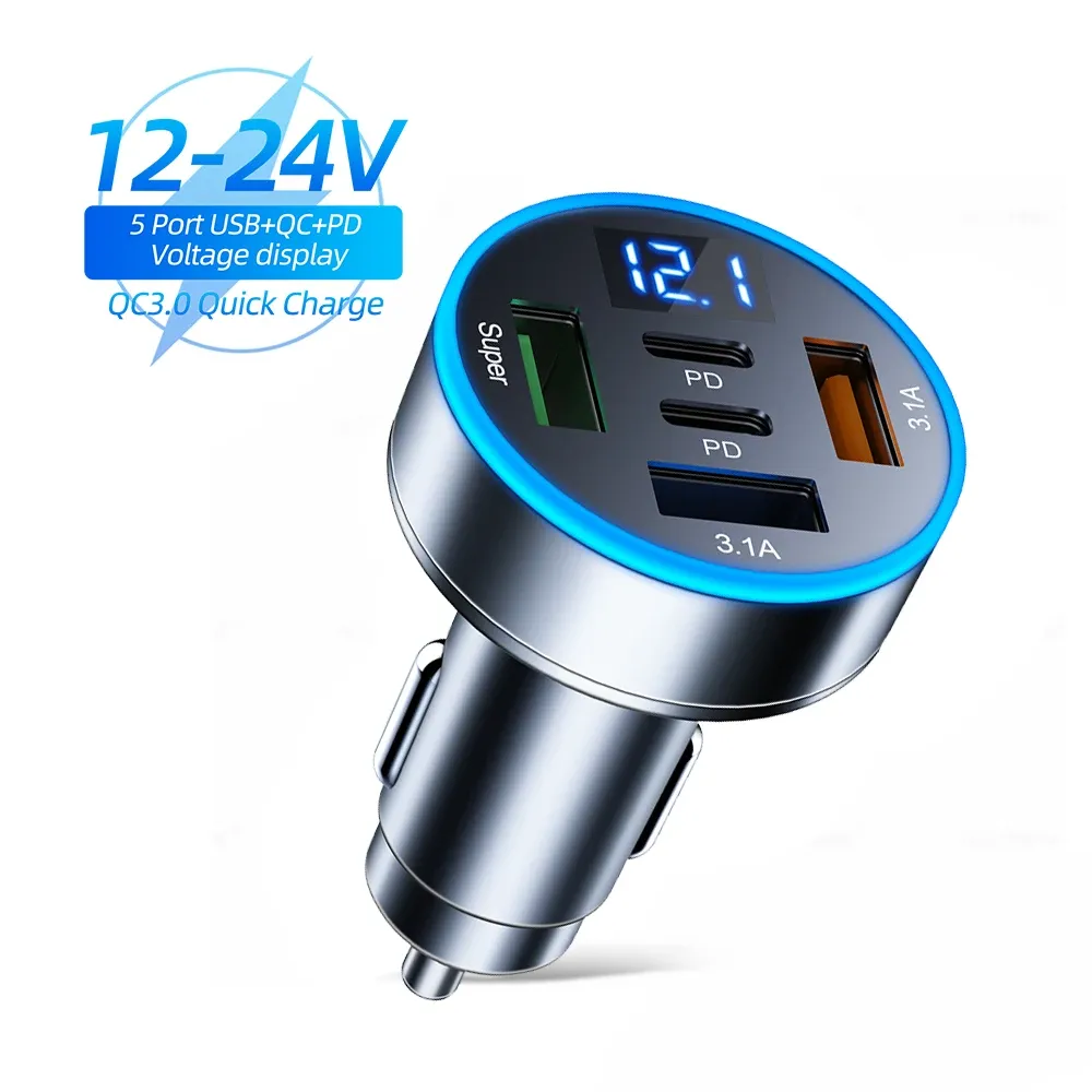 Chargeur de voiture USB-C à charge rapide 250 W, 5 ports, compatible PD et QC 3.0, avec affichage de tension 11