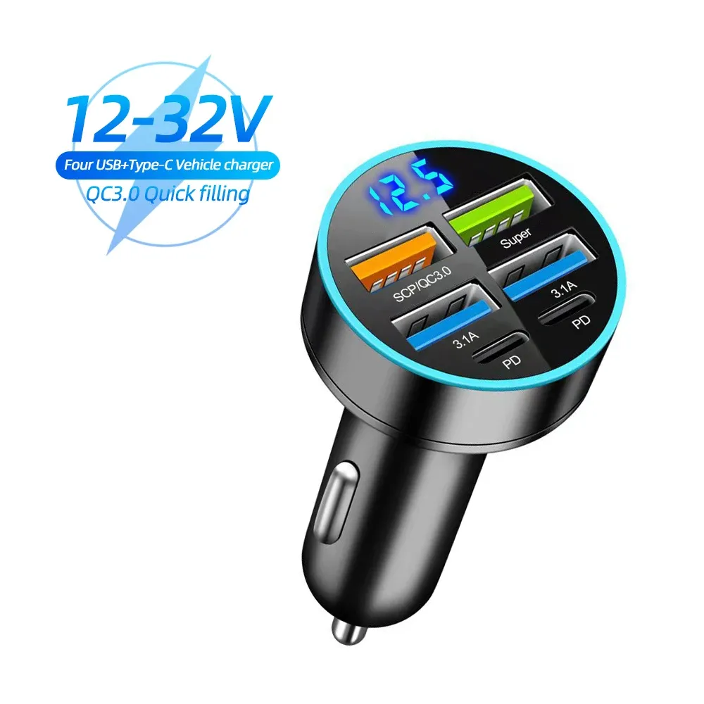 Chargeur de voiture USB-C à charge rapide 250 W, 5 ports, compatible PD et QC 3.0, avec affichage de tension 10