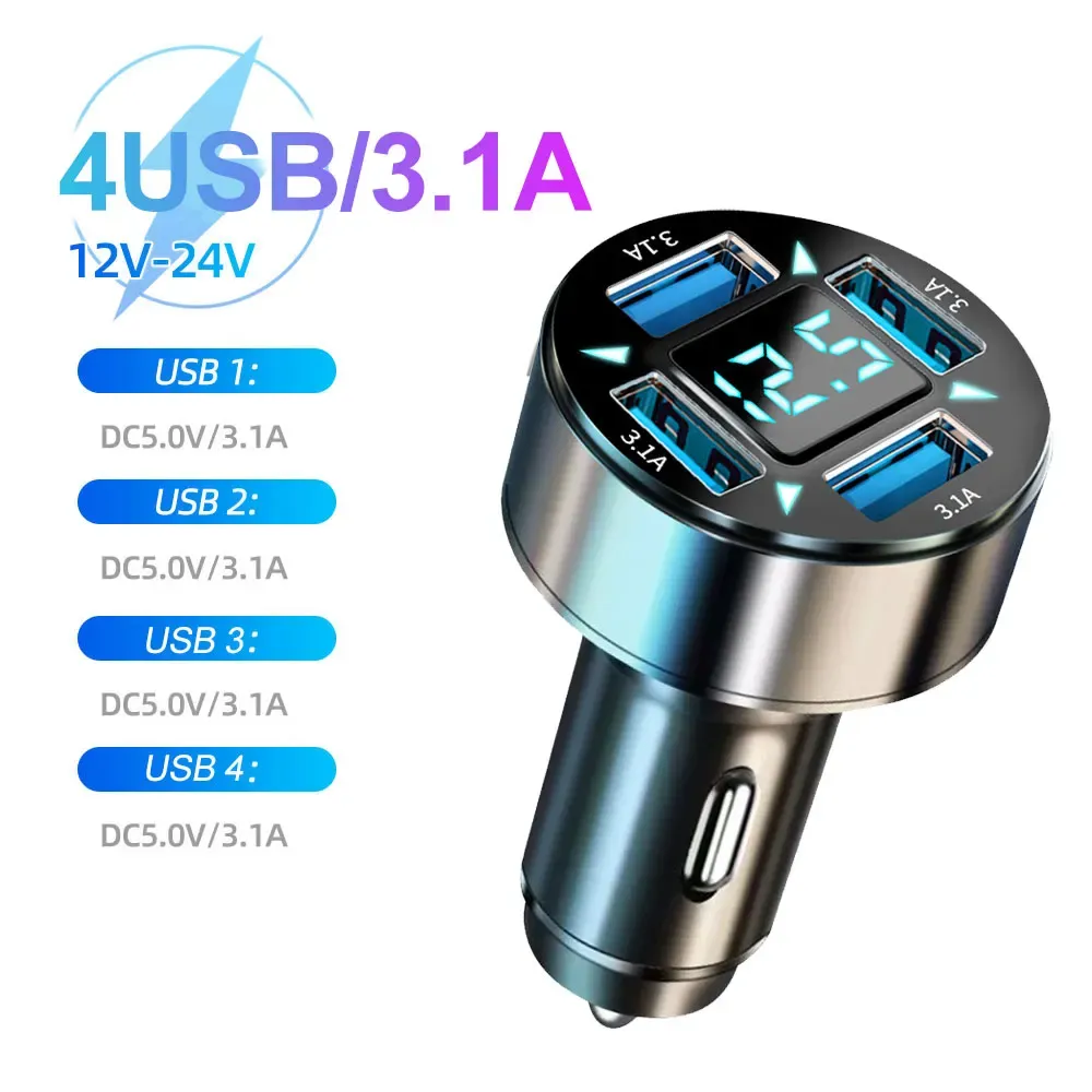 Chargeur de voiture USB-C à charge rapide 250 W, 5 ports, compatible PD et QC 3.0, avec affichage de tension 9