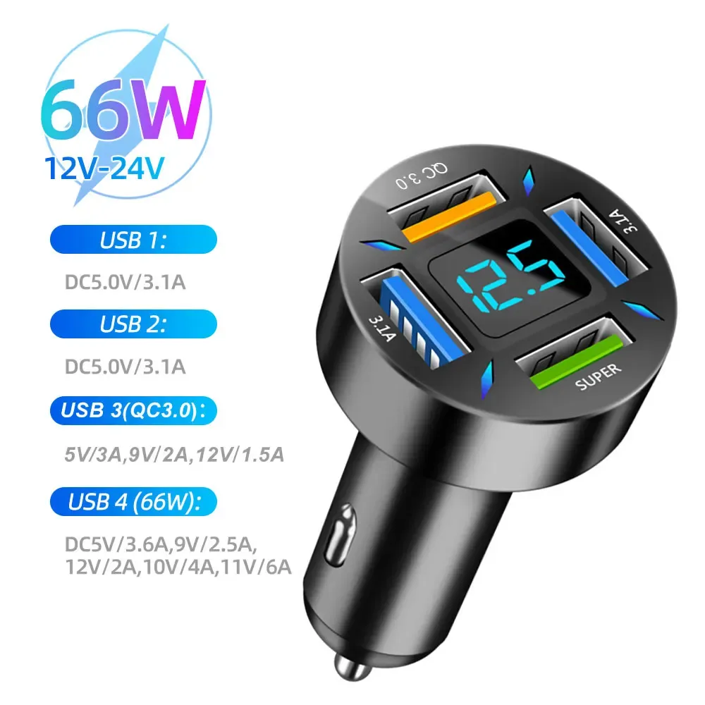 Chargeur de voiture USB-C à charge rapide 250 W, 5 ports, compatible PD et QC 3.0, avec affichage de tension 8