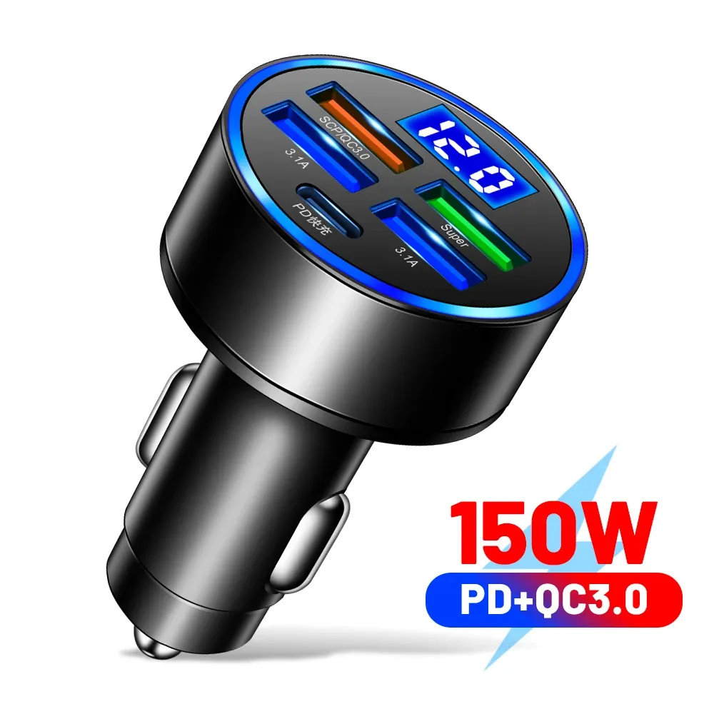 Chargeur de voiture USB-C à charge rapide 250 W, 5 ports, compatible PD et QC 3.0, avec affichage de tension 7