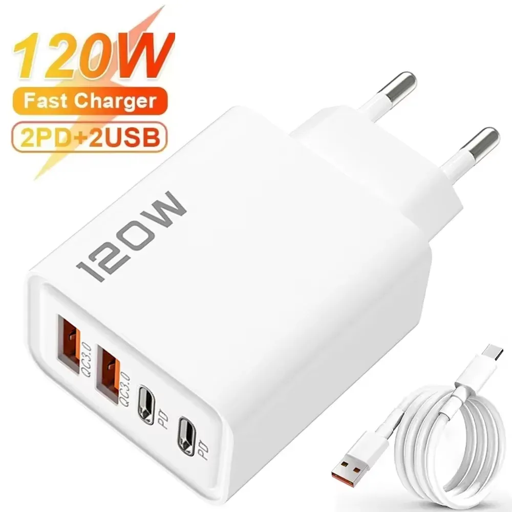 Station de charge rapide USB-C 120 W à 4 ports avec adaptateur mural PD et QC 3.0