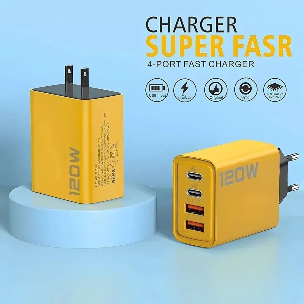 Station de charge rapide USB-C 120 W à 4 ports avec adaptateur mural PD et QC 3.0 2