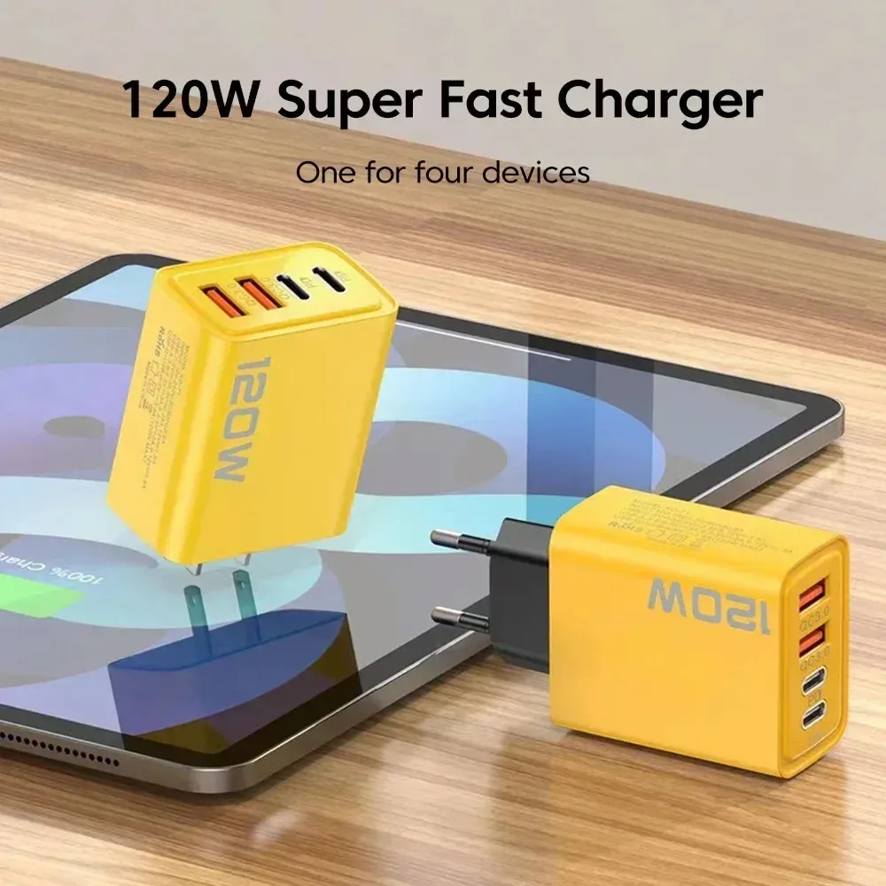 Station de charge rapide USB-C 120 W à 4 ports avec adaptateur mural PD et QC 3.0 3