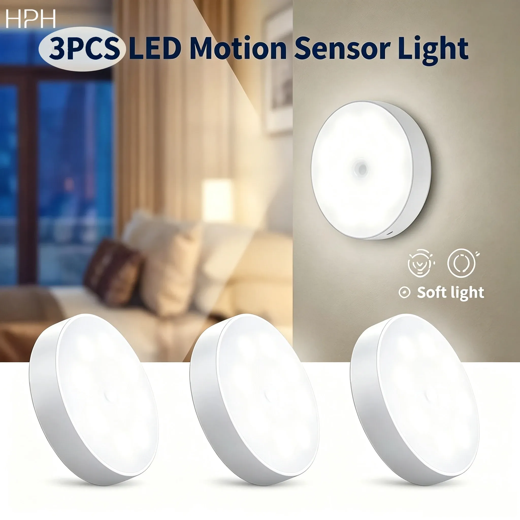 Lot de 3 lampes LED à détecteur de mouvement HPH, veilleuses rechargeables par USB pour cuisine, placard, escalier et penderie, sans fil - Image 1
