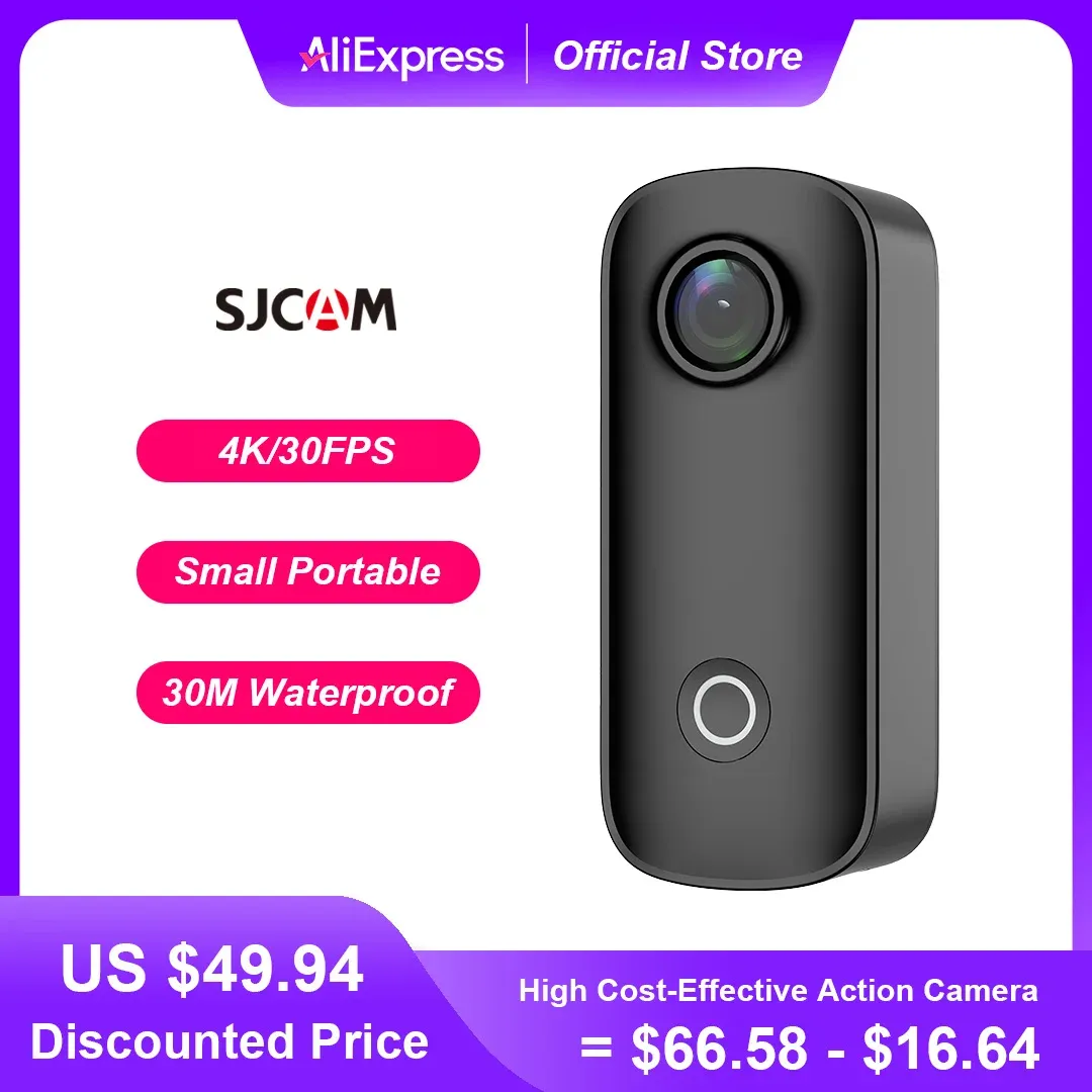 SJCAM C100 Plus Caméra d'action 4K avec stabilisation électronique, Wi-Fi 2.4 GHz, étanche jusqu'à 30 m, avec boîtier, coloris noir et blanc