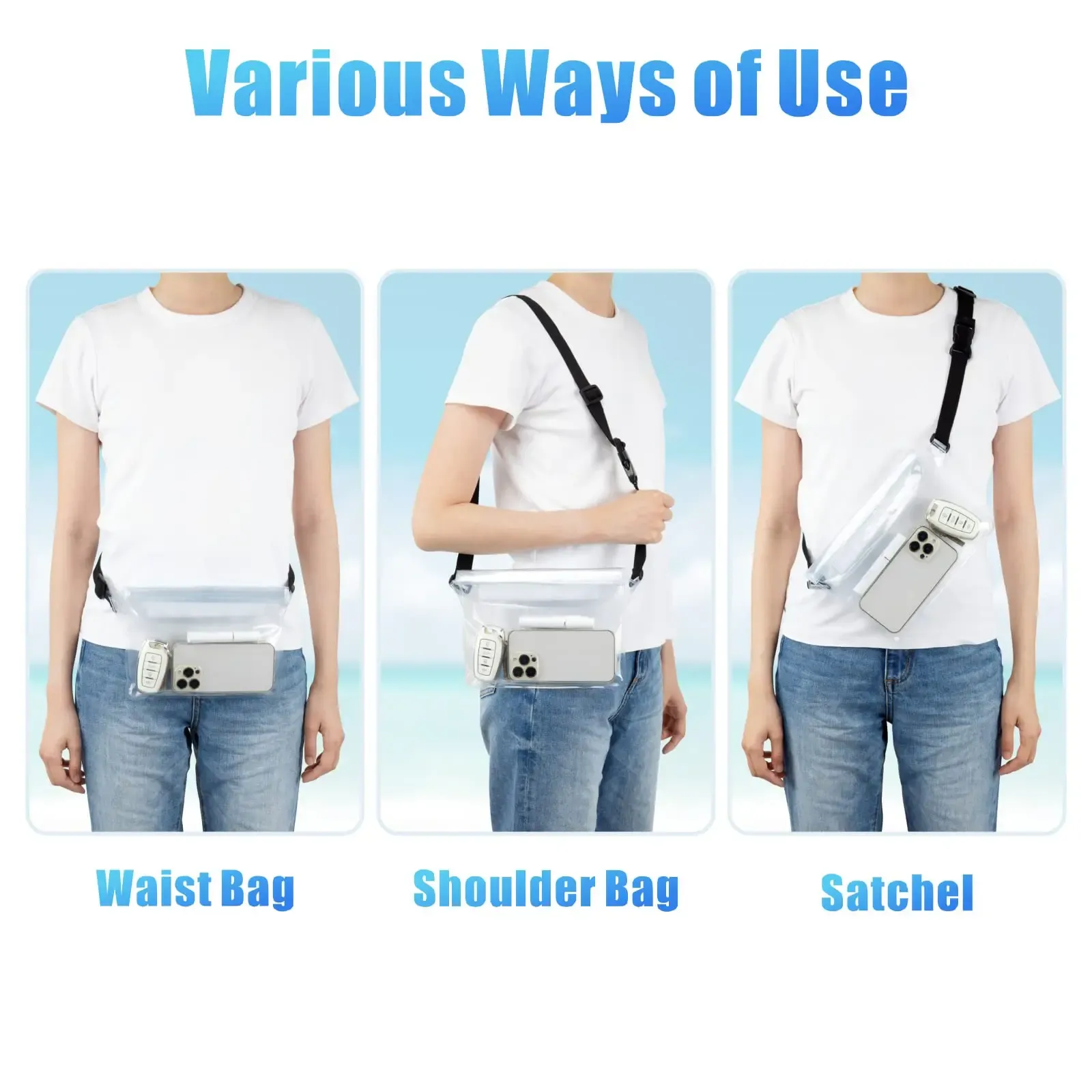 Pochette étanche pour téléphone avec ceinture réglable, sac sec pour la plage, la natation, le kayak et la pêche en bateau 2