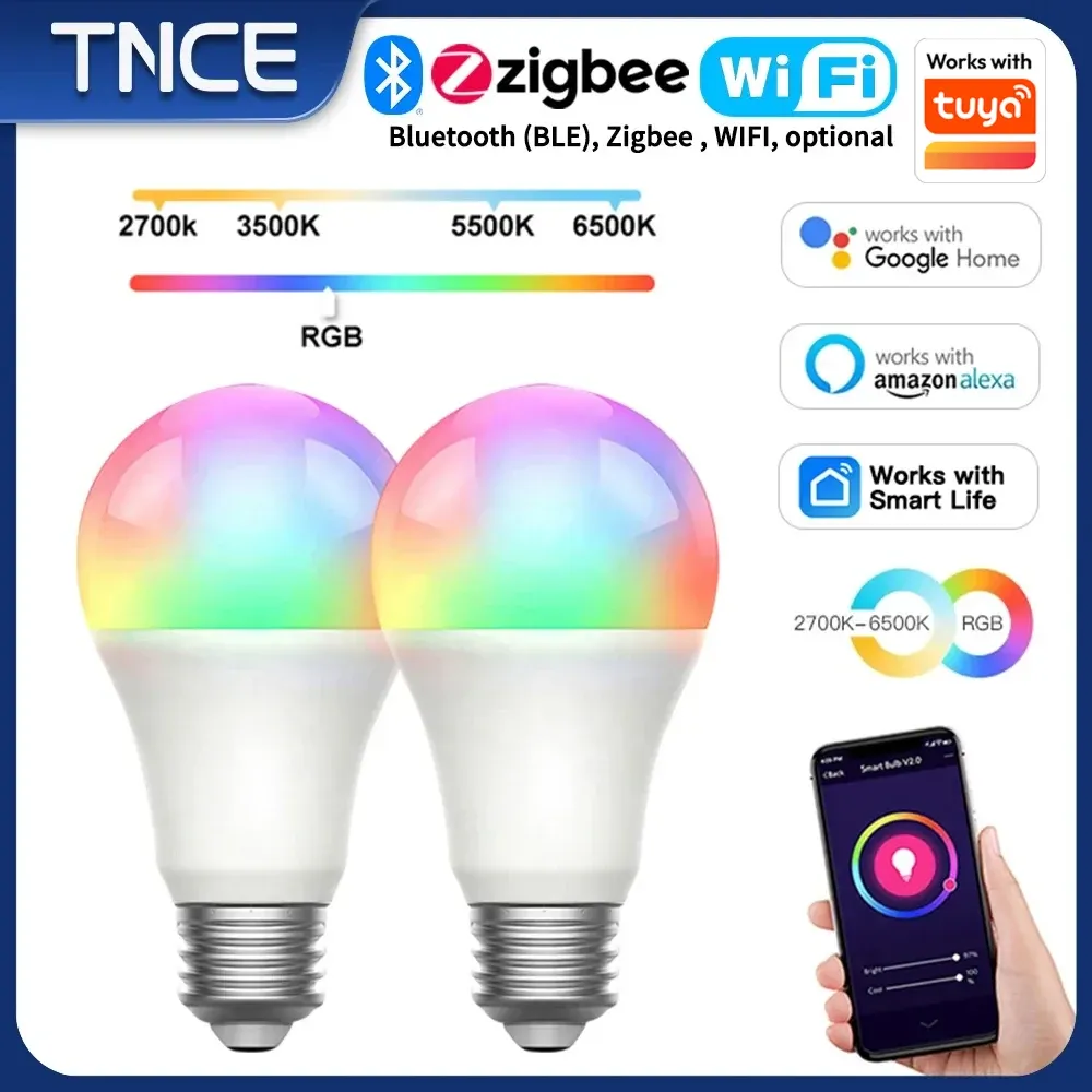 Ampoule LED Tuya E27 connectée Bluetooth/Wi-Fi/Zigbee, RGB et blanc variable 2700-6500K, compatible application Smart Life, commande vocale Alexa et Google Home