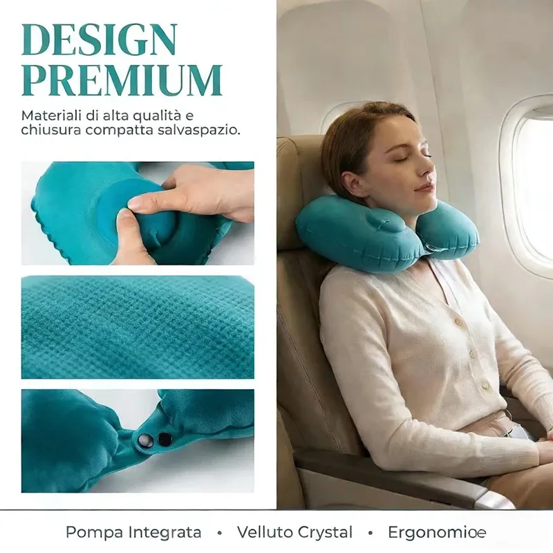 Oreiller de voyage gonflable portable en forme de U - Coussin de cou gonflable à pression avec fonction de rangement intégrée