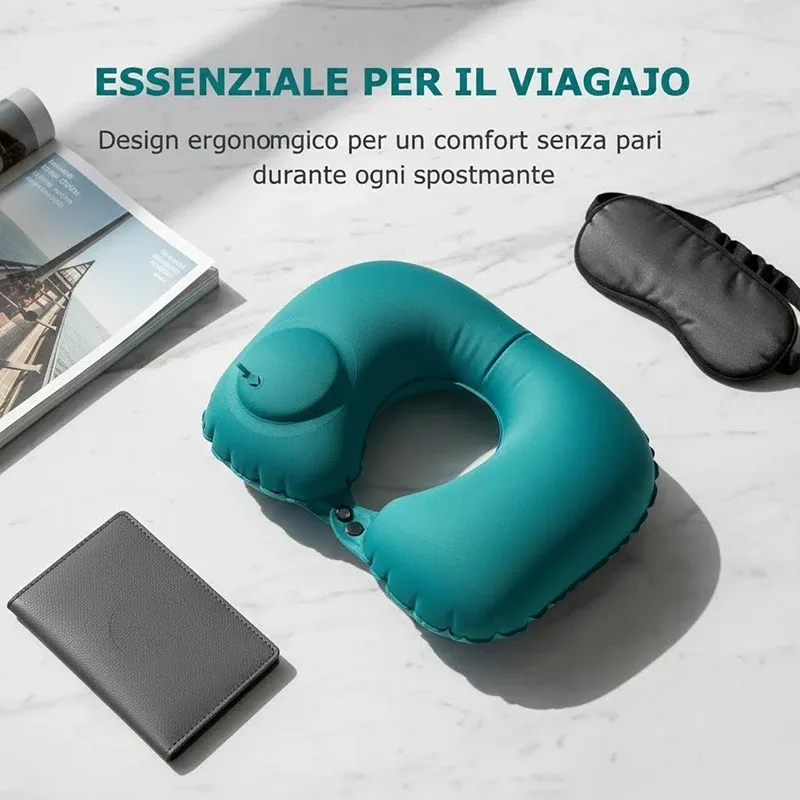Oreiller de voyage gonflable portable en forme de U - Coussin de cou gonflable à pression avec fonction de rangement intégrée 3