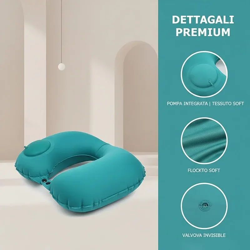 Oreiller de voyage gonflable portable en forme de U - Coussin de cou gonflable à pression avec fonction de rangement intégrée 4