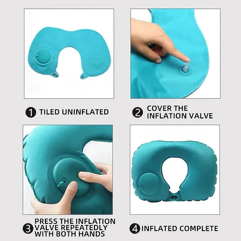 Oreiller de voyage gonflable portable en forme de U - Coussin de cou gonflable à pression avec fonction de rangement intégrée 5