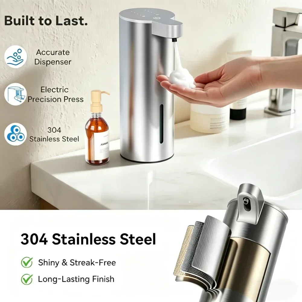 Distributeur de savon automatique sans contact à infrarouge en acier inoxydable, fixation murale ou à poser, pour la maison et la salle de bain 2