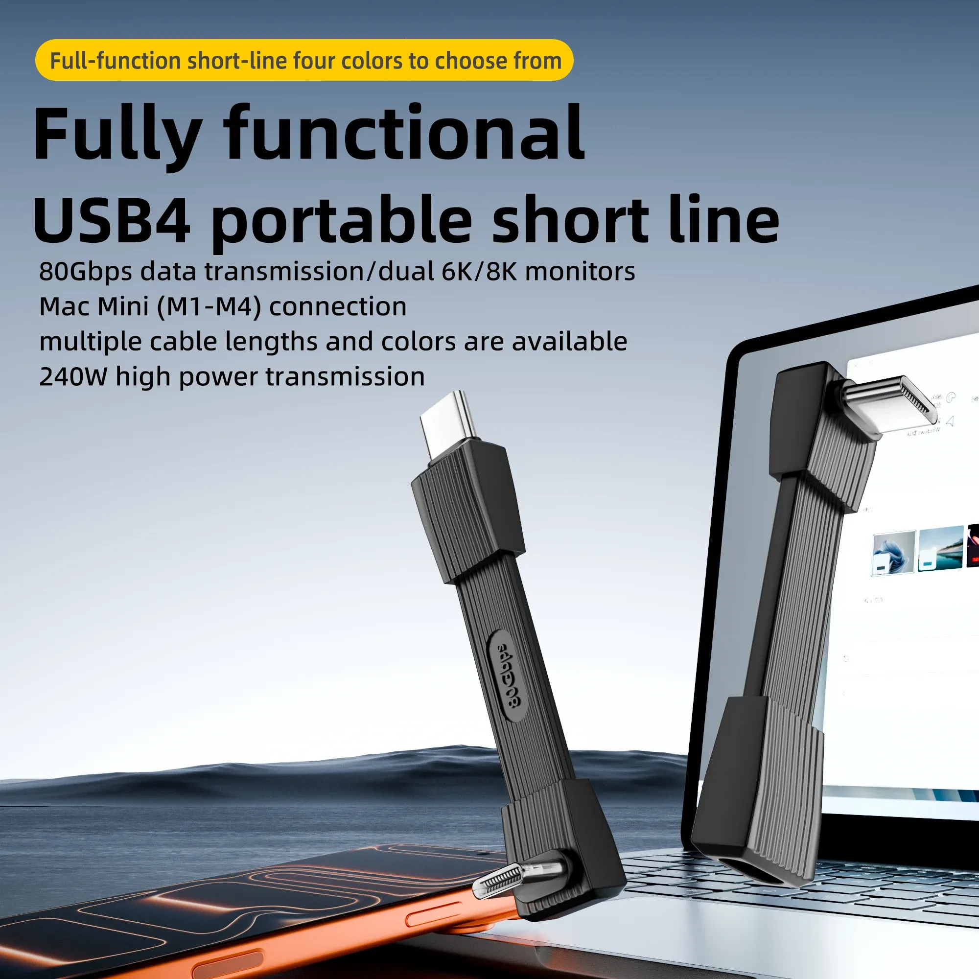 Câble USB 4.0 Type-C vers Type-C 240 W, charge rapide, transfert de données 80 Gbps, vidéo 8K à 60 Hz, câble plat et souple 2