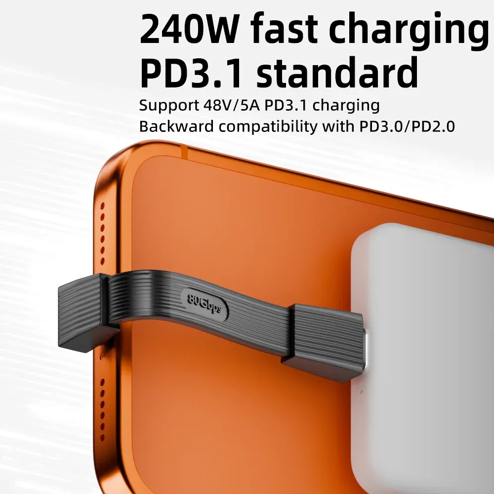 Câble USB 4.0 Type-C vers Type-C 240 W, charge rapide, transfert de données 80 Gbps, vidéo 8K à 60 Hz, câble plat et souple 4