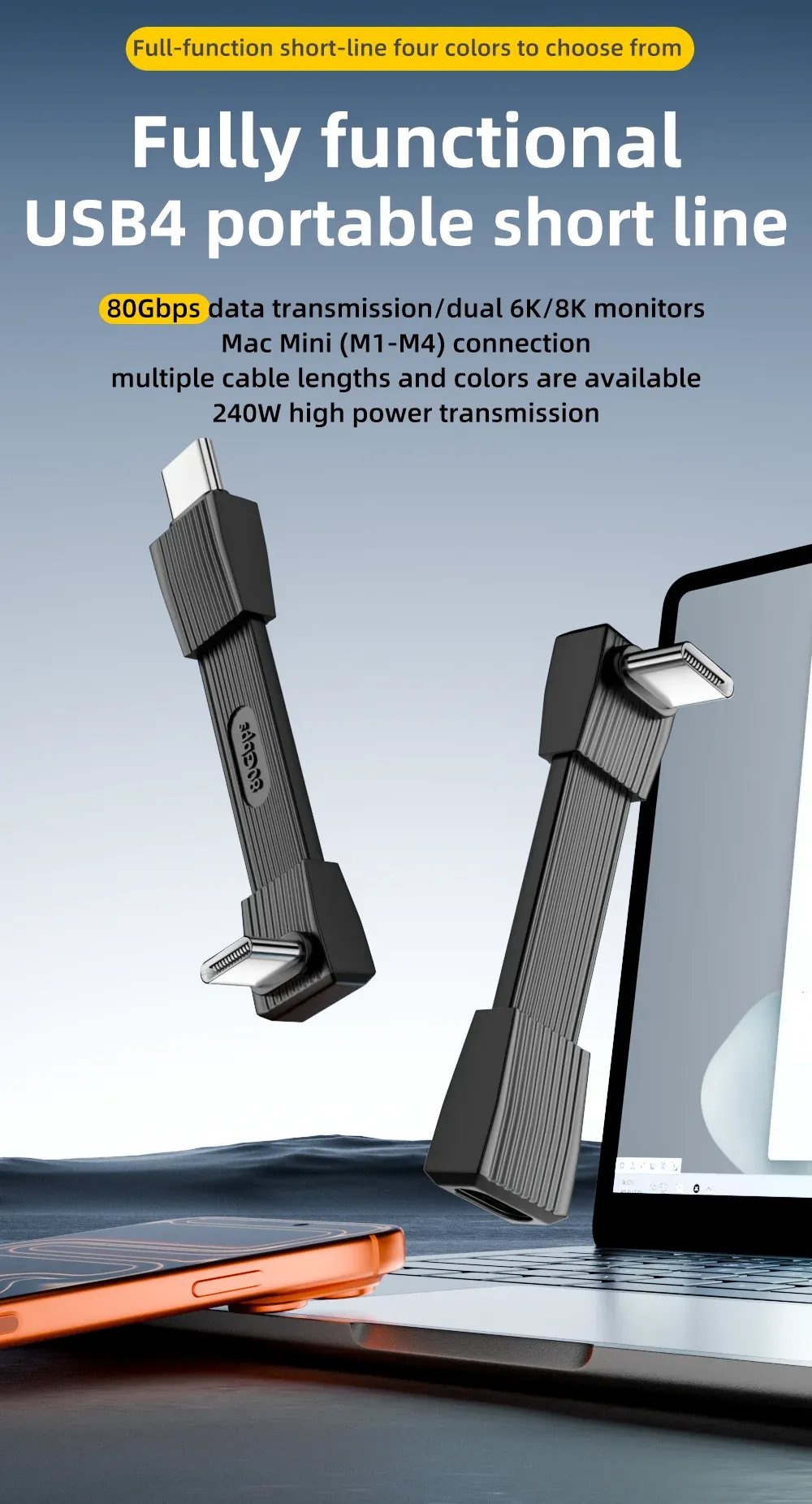 Câble USB-C plat et flexible, vue d'ensemble du design