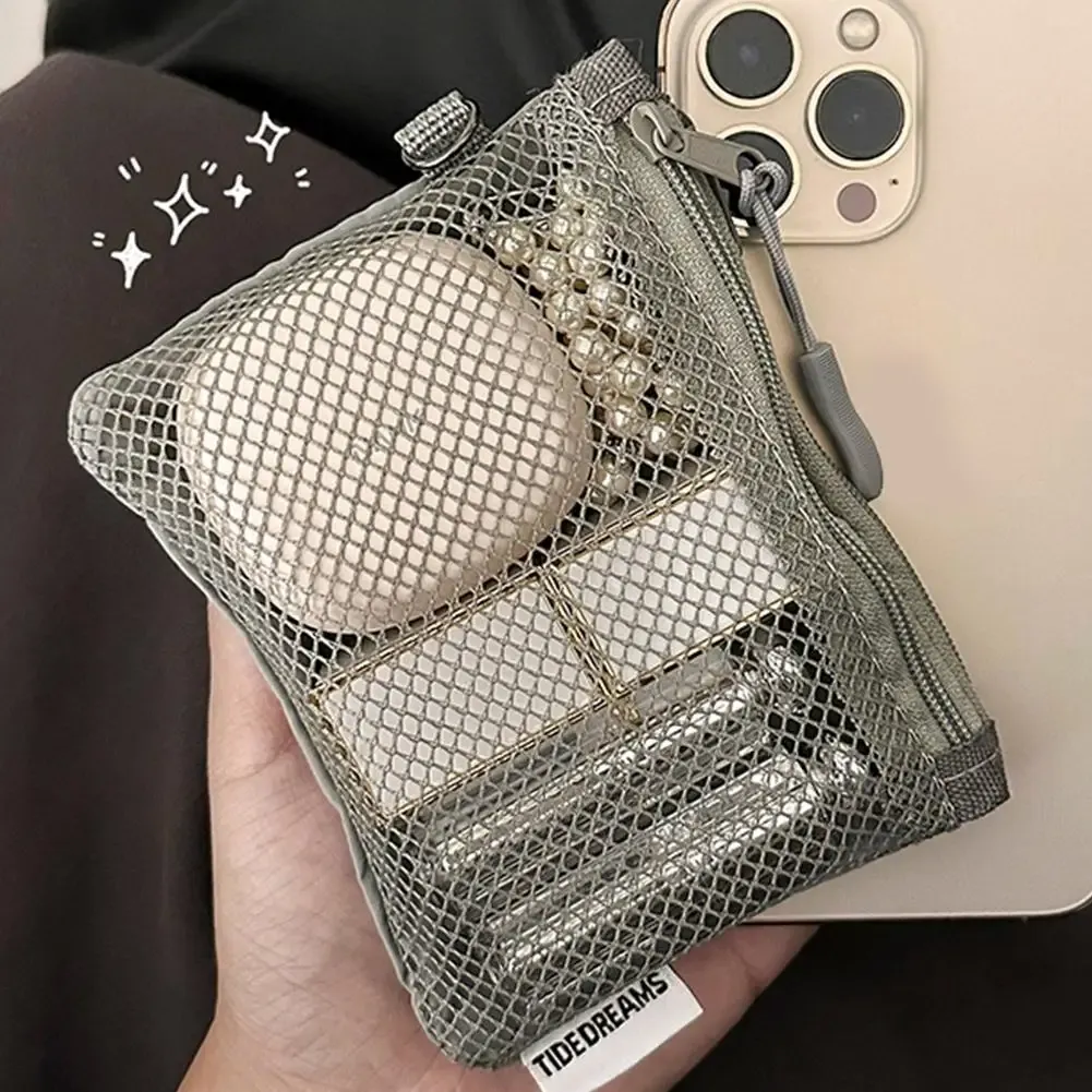Sacs de rangement en maille double couche, trousse de maquillage portable de voyage avec fermeture éclair, mini organisateur de cosmétiques et articles de toilette, sac simple pour papeterie 4