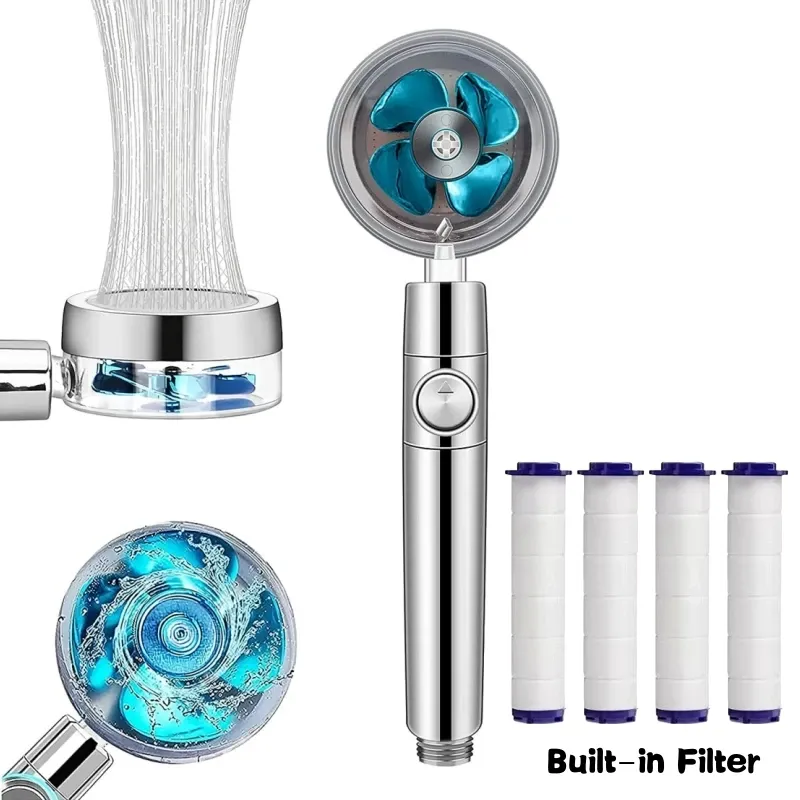 Pommeau de douche turbo haute pression à rotation 360°, économie d'eau, jet réglable, avec filtres