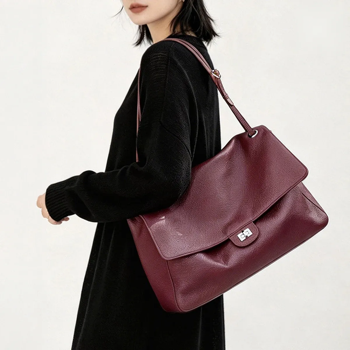 Sac bandoulière en cuir véritable pour femme, grande capacité, sac fourre-tout en cuir de vachette tendance pour le quotidien, style luxe, collection 2026 11