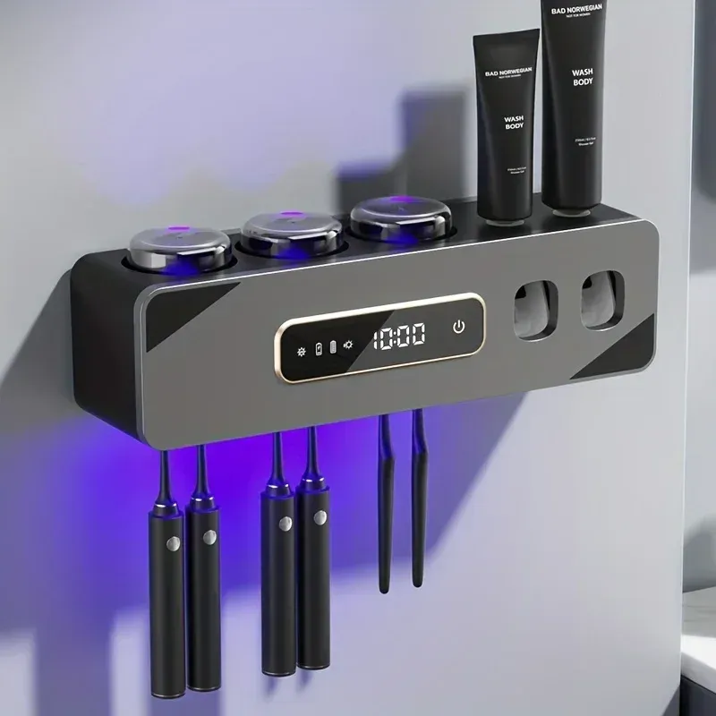 Porte-brosse à dents désinfectant UV avec distributeur automatique de dentifrice, support mural intelligent, charge USB, Lith - Image 1