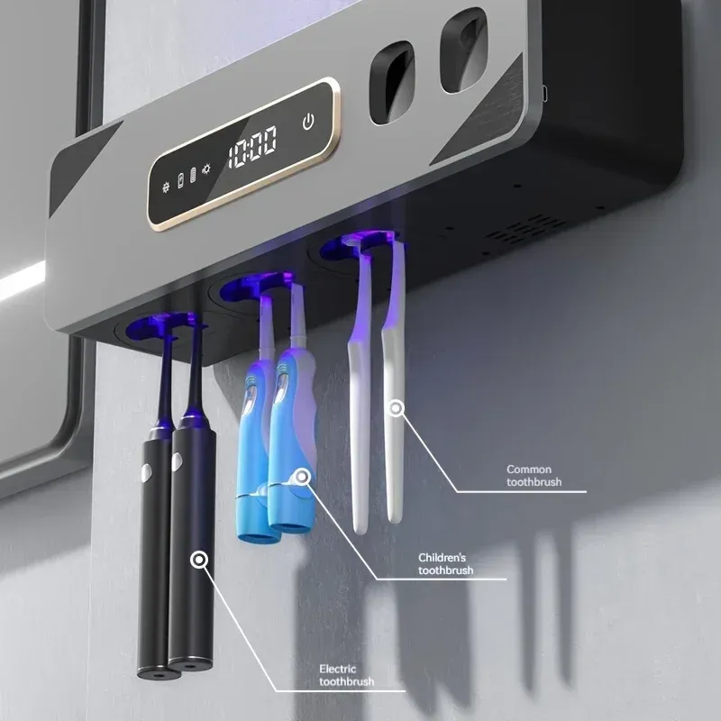 Porte-brosse à dents désinfectant UV avec distributeur automatique de dentifrice, support mural intelligent, charge USB, Lith 3
