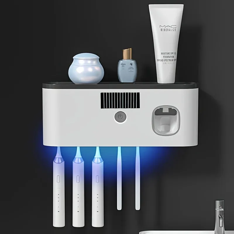 Porte-brosse à dents désinfectant UV avec distributeur automatique de dentifrice, support mural intelligent, charge USB, Lith 8