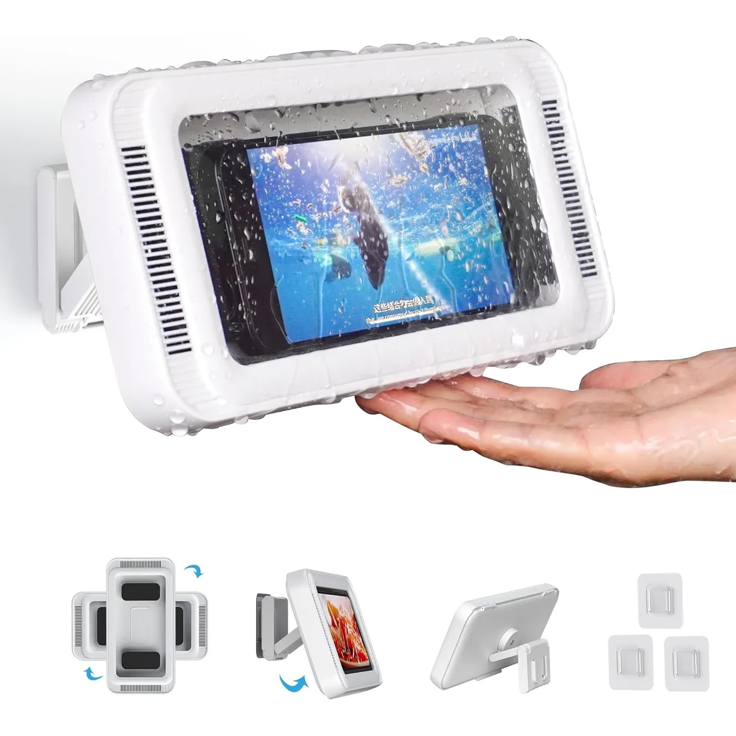 Support de téléphone pour douche avec haut-parleur, rotation à 480°, support mural pour douche, étui étanche et anti-buée pour téléphones de 4 à 7 pouces - Image 1