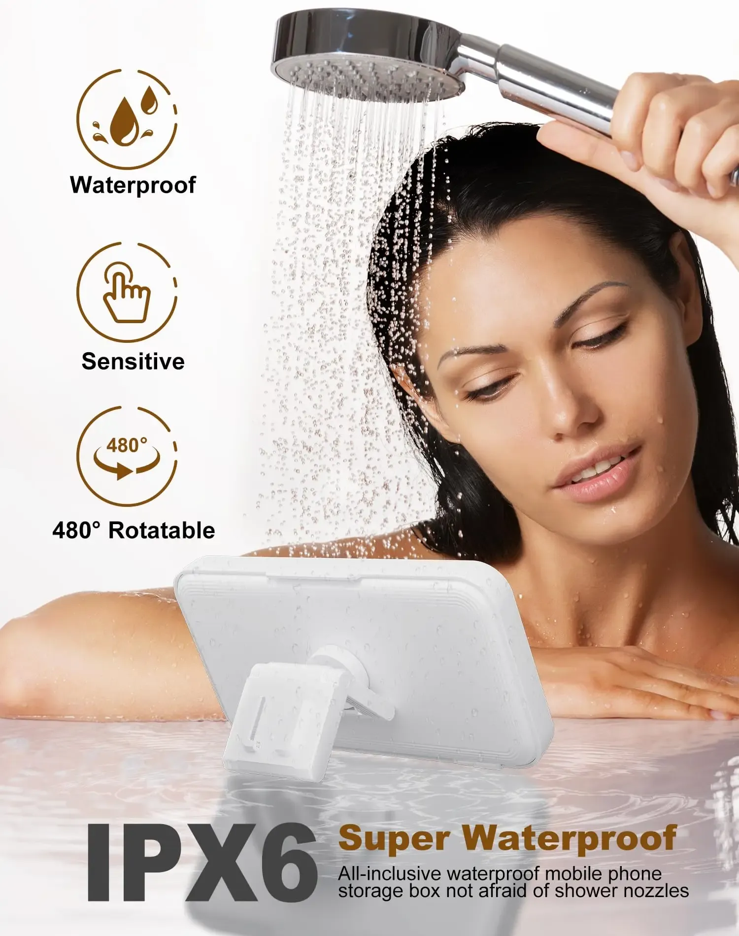 Support de téléphone pour douche avec haut-parleur, rotation à 480°, support mural pour douche, étui étanche et anti-buée pour téléphones de 4 à 7 pouces 2