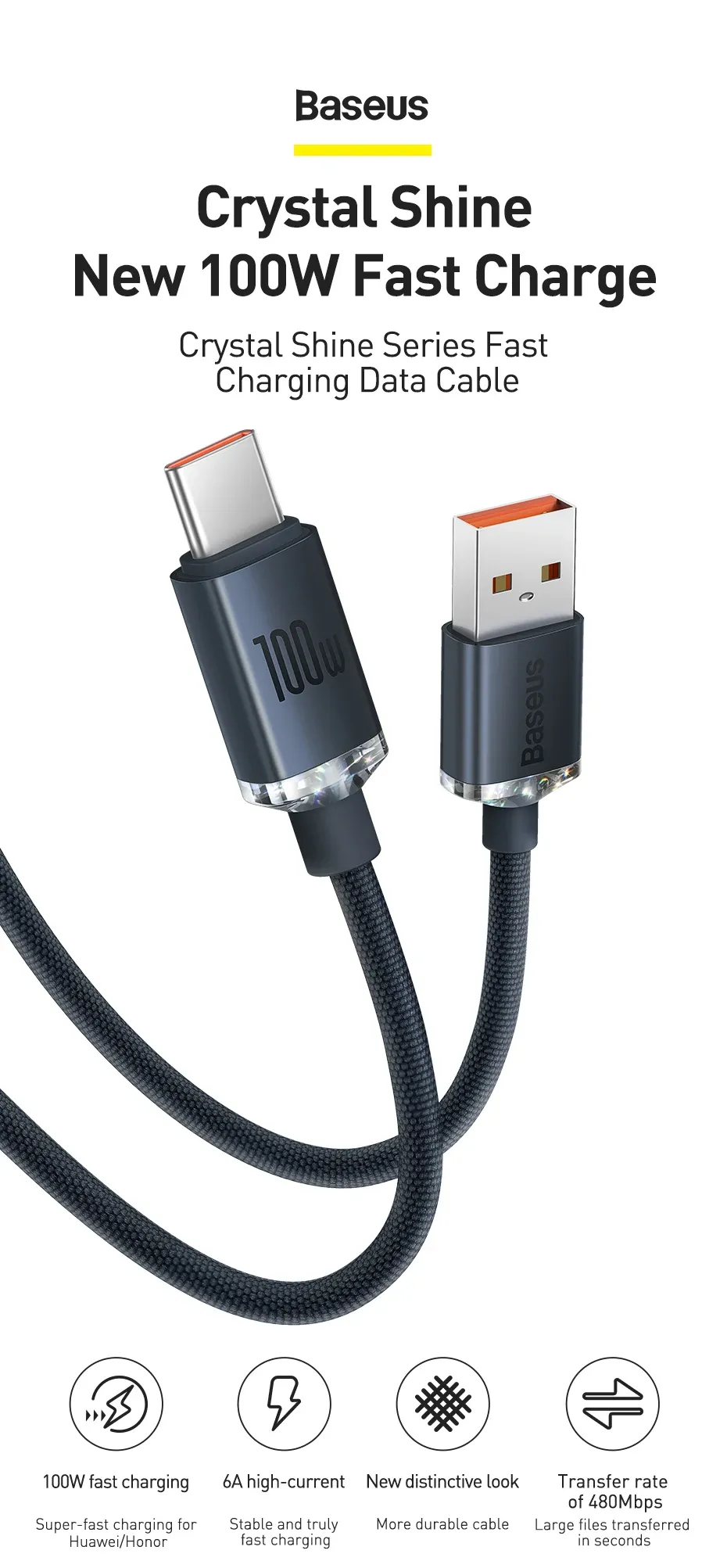 Câble USB-C Baseus, design cristallin