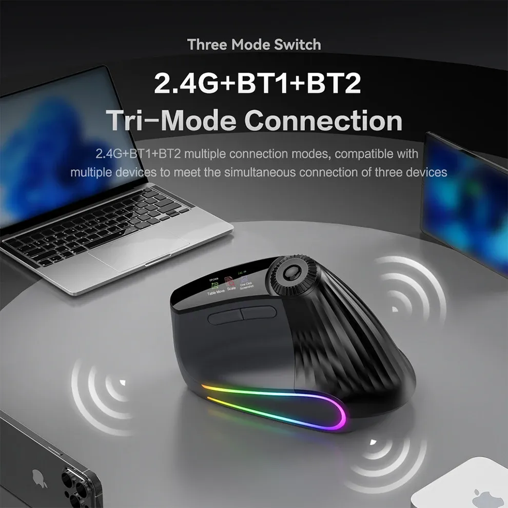 Souris ergonomique sans fil rétroéclairée à défilement intelligent, rechargeable, Bluetooth et 2,4 GHz 3