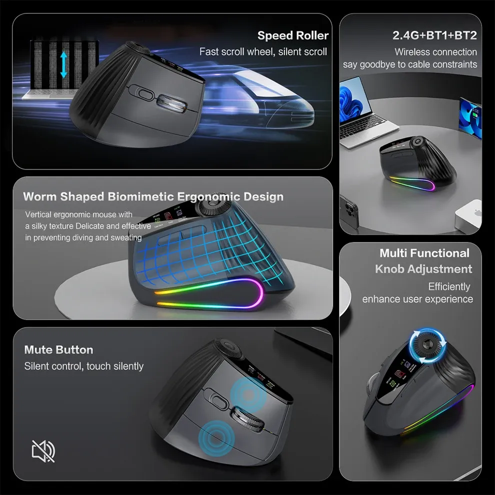 Souris ergonomique sans fil rétroéclairée à défilement intelligent, rechargeable, Bluetooth et 2,4 GHz 5