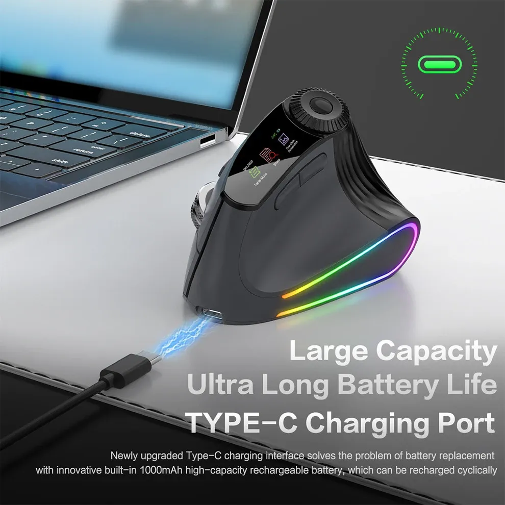 Souris ergonomique sans fil rétroéclairée à défilement intelligent, rechargeable, Bluetooth et 2,4 GHz 6