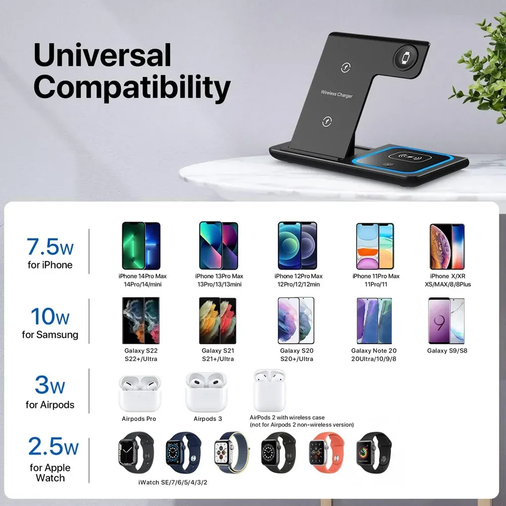 Station de charge sans fil rapide 3-en-1 pliable avec éclairage LED pour iPhone 17/16/15/14, Apple Watch Series 9/8/7/6/5 et AirPods Pro 3