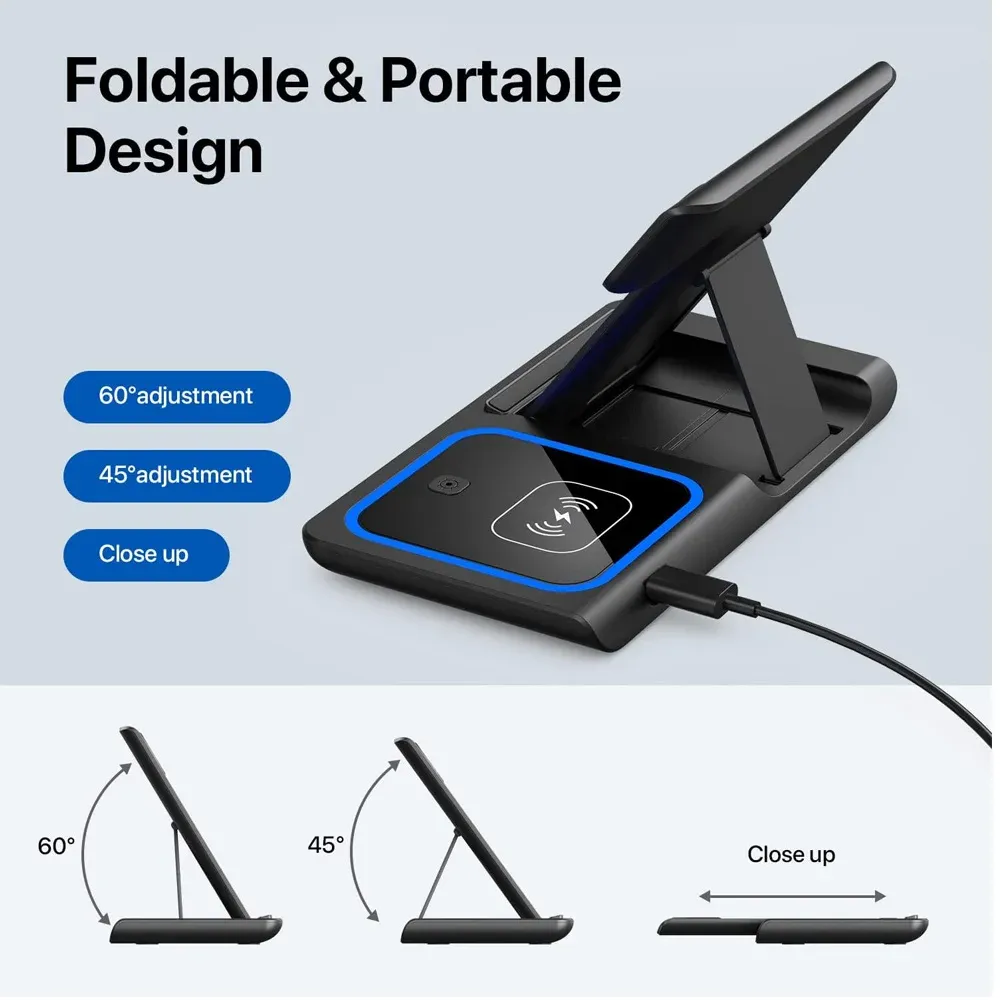 Station de charge sans fil rapide 3-en-1 pliable avec éclairage LED pour iPhone 17/16/15/14, Apple Watch Series 9/8/7/6/5 et AirPods Pro 4