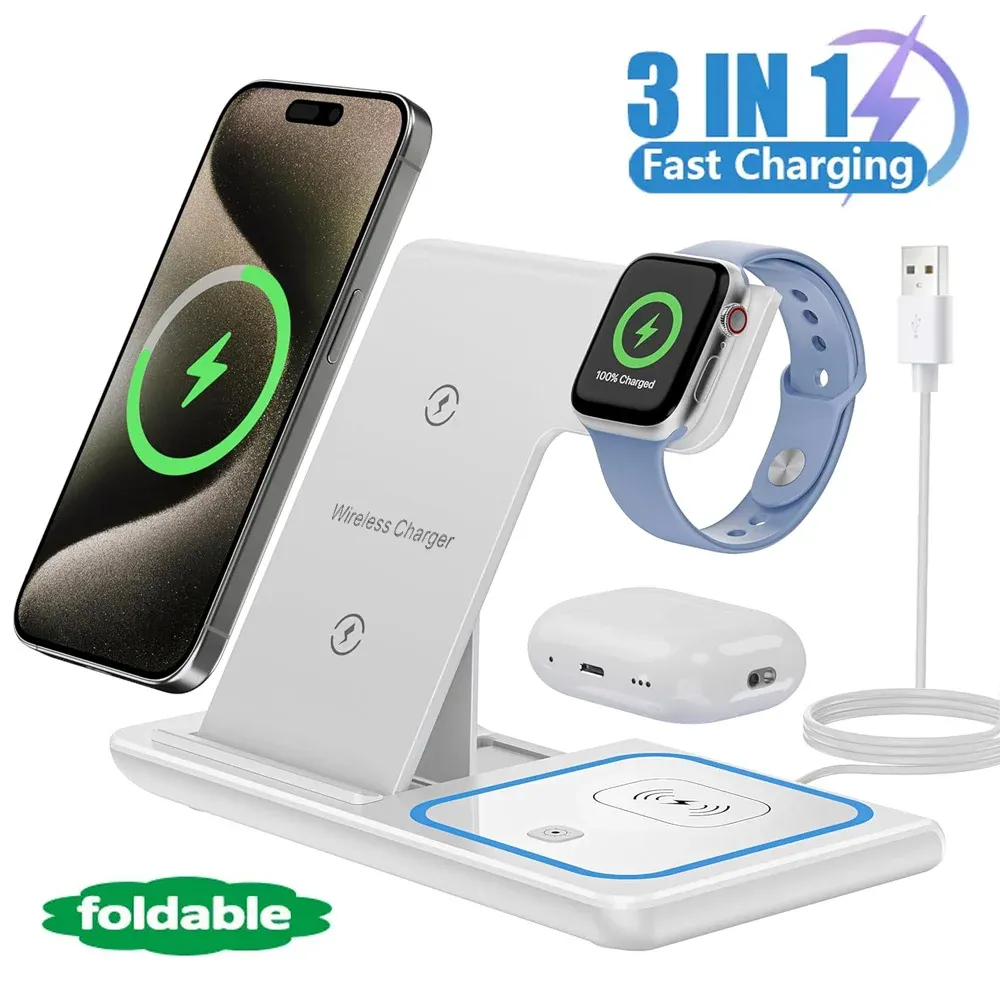 Station de recharge sans fil 3-en-1 pliable, vue de face