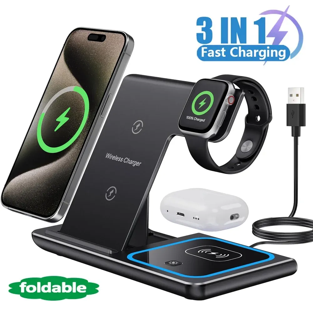 Station de charge sans fil rapide 3-en-1 pliable avec éclairage LED pour iPhone 17/16/15/14, Apple Watch Series 9/8/7/6/5 et AirPods Pro 8