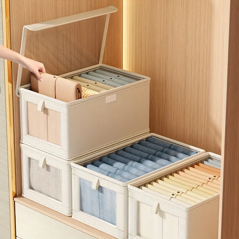 Grande boîte de rangement pliable en toile avec fenêtre transparente – Organisateur pour vêtements, gain de place, rangement de placard à domicile 5