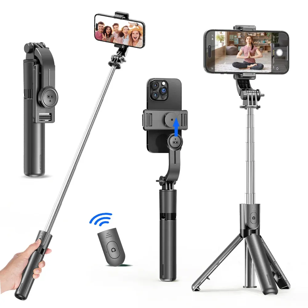 Trépied perche à selfie avec télécommande Bluetooth amovible, rotation à 360°, perche extensible, lumière de remplissage intégrée, compatible iPhone et Android