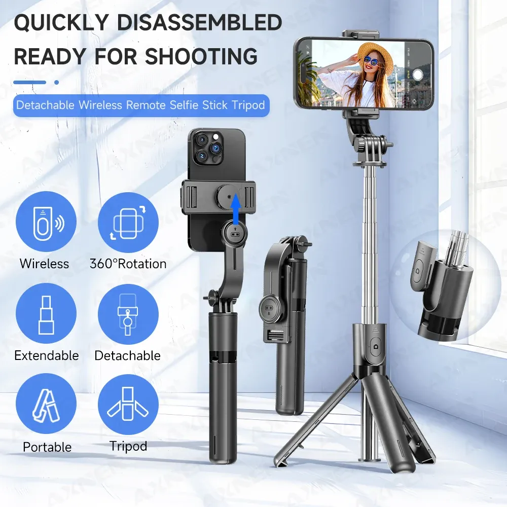 Trépied perche à selfie avec télécommande Bluetooth amovible, rotation à 360°, perche extensible, lumière de remplissage intégrée, compatible iPhone et Android 2