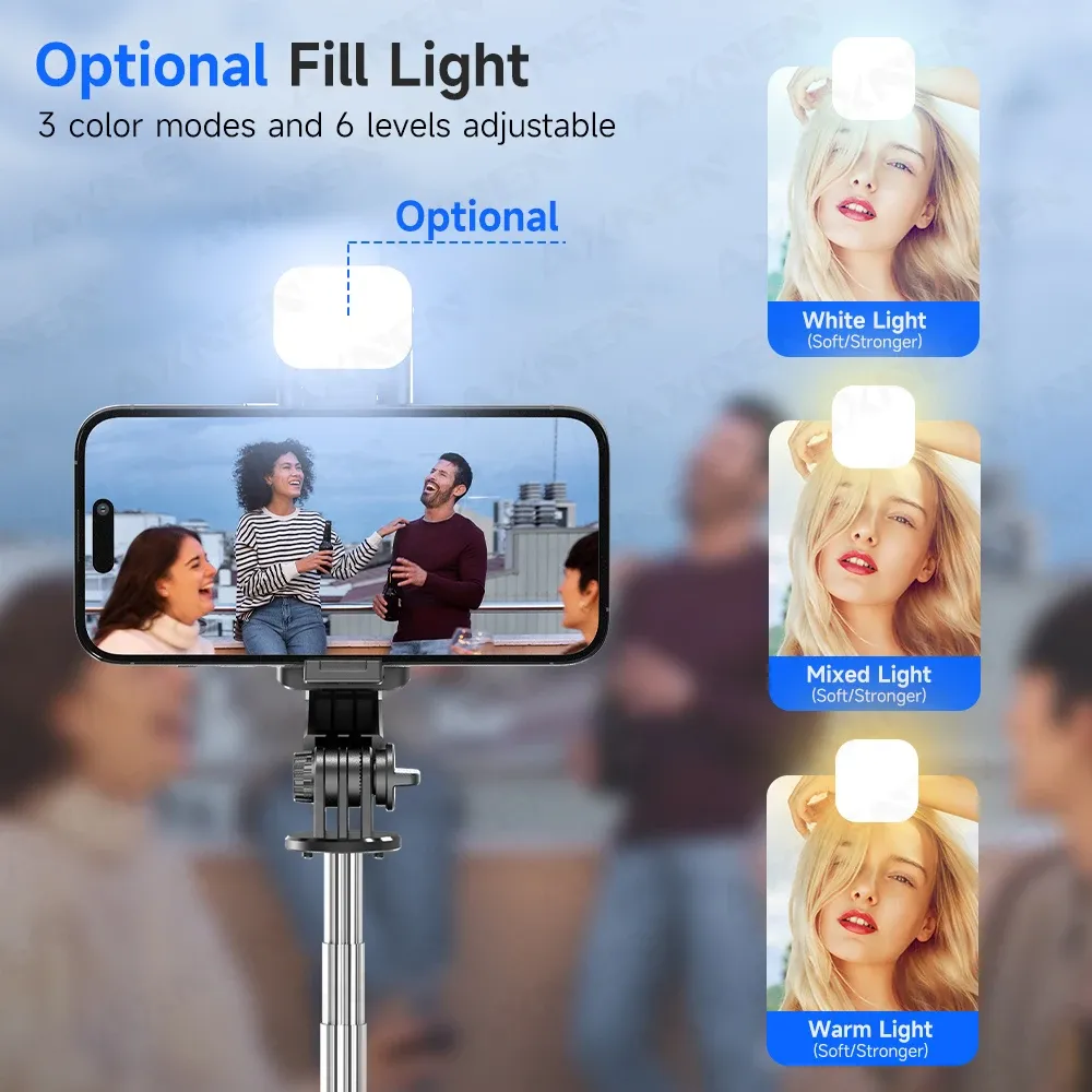 Trépied perche à selfie avec télécommande Bluetooth amovible, rotation à 360°, perche extensible, lumière de remplissage intégrée, compatible iPhone et Android 5