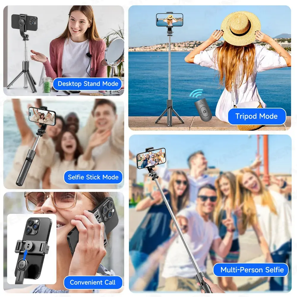 Trépied perche à selfie avec télécommande Bluetooth amovible, rotation à 360°, perche extensible, lumière de remplissage intégrée, compatible iPhone et Android 6