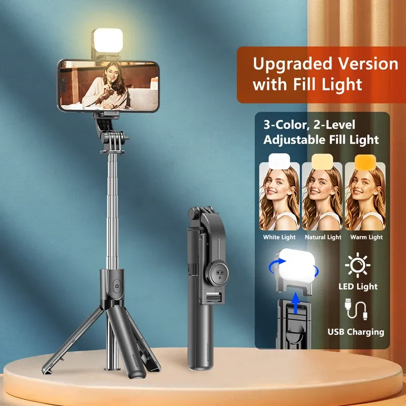 Trépied perche à selfie avec télécommande Bluetooth amovible, rotation à 360°, perche extensible, lumière de remplissage intégrée, compatible iPhone et Android 8