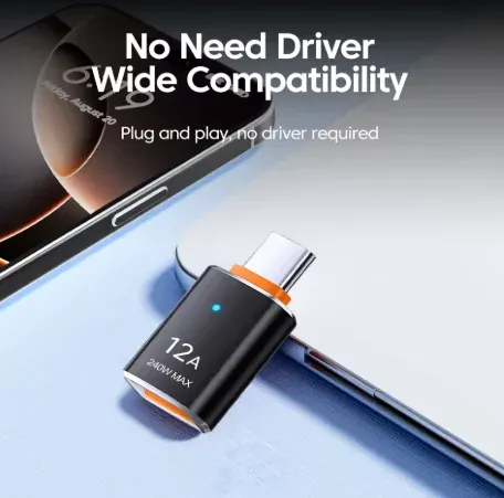 Adaptateur USB 3.0 vers USB-C OTG avec LED, USB-C mâle vers USB-A femelle, compatible iPhone 15, tablettes, ordinateurs portables et smartphones Android 6