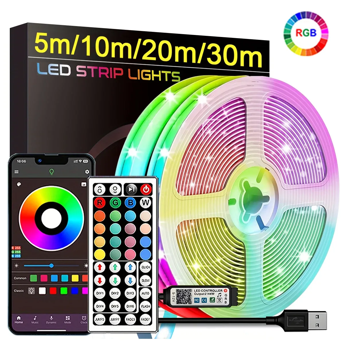 Bande lumineuse LED RVB flexible, 5 m à 30 m, pour chambre à coucher