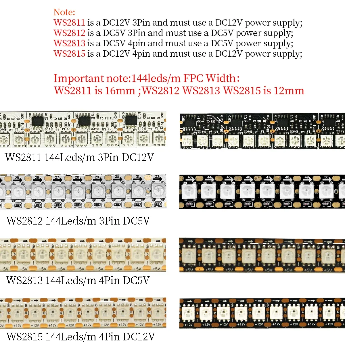 Bandes LED programmables 1 à 5 m, 144 LED/m, WS2812B, WS2813, WS2815, RVB 5050, rubans LED à défilement de couleurs, 5 à 12 V CC 3