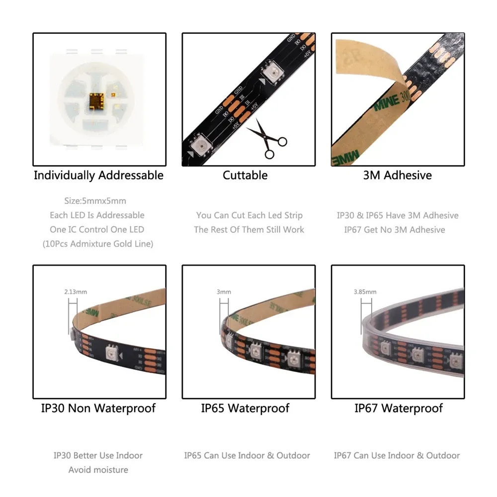 Bandes LED programmables 1 à 5 m, 144 LED/m, WS2812B, WS2813, WS2815, RVB 5050, rubans LED à défilement de couleurs, 5 à 12 V CC 4